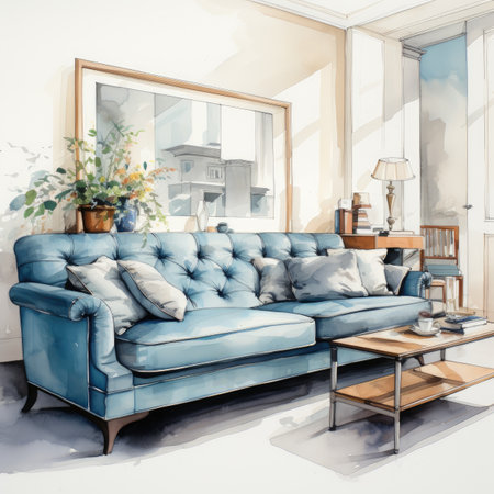 Sketch of interior living room with blue sofa and coffee tableの素材