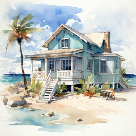 Digital watercolor painting of a bungalow on the beach.の素材