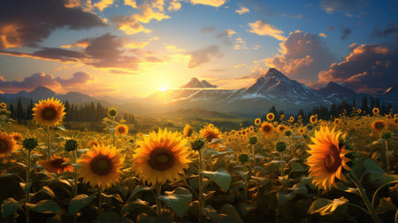Sunflower field in the mountains at sunset. Beautiful summer landscape.の素材