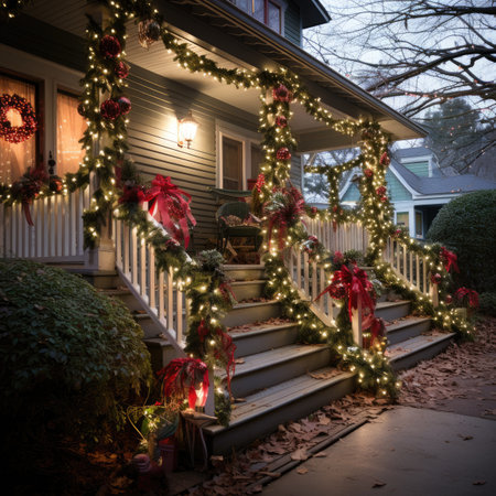 Decorated porch with Christmas tree in front of house at nightの素材
