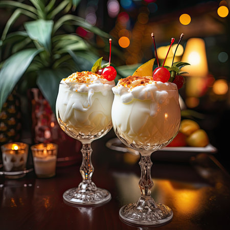 Two glasses of panna cotta with whipped cream and cherries.の素材