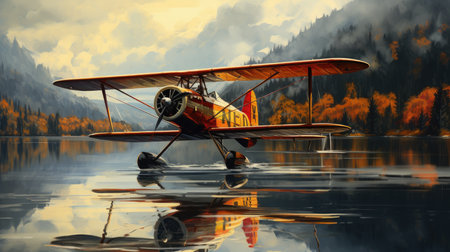 Old airplane on the lake in the mountains. 3D illustration.の素材
