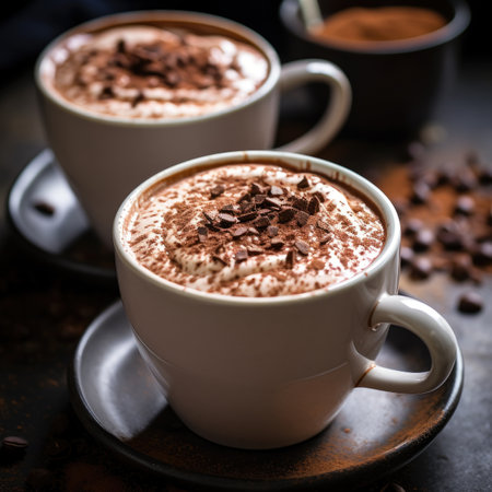 Two cups of hot chocolate with marshmallows and cocoa powder on dark backgroundの素材