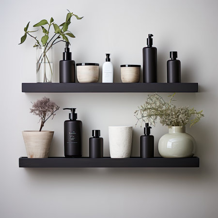 Beautiful black shelves with cosmetic products and plants. 3d renderの素材