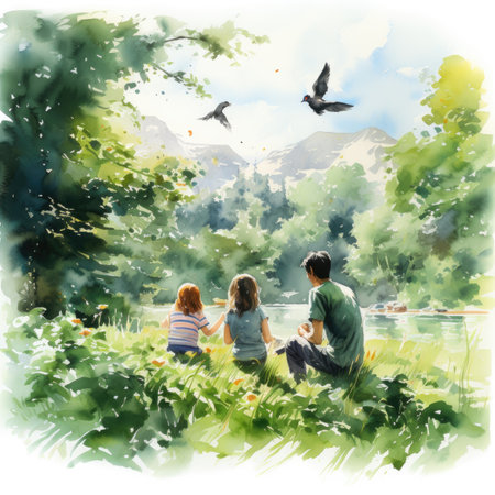 watercolor painting of family sitting on the grass by the lake in summerの素材