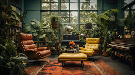 Interior design of modern living room with yellow armchairs and plantsの素材