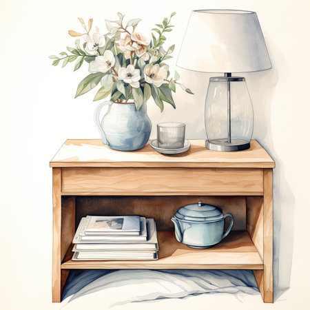 Coffee table with vase of flowers, books and lampの素材