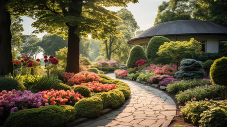 Beautiful flower garden in japanese style with sunlight in morning.の素材