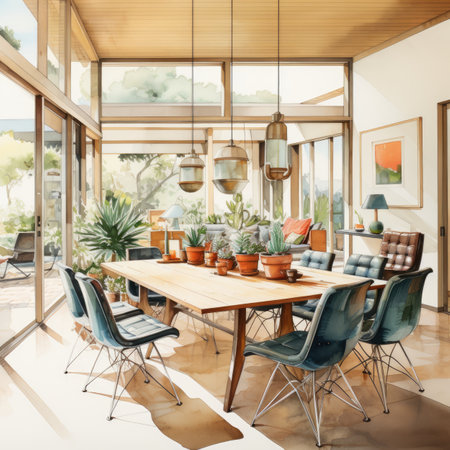 Interior of modern dining room with terrace. 3d renderingの素材