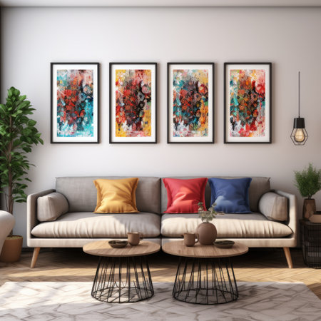 Interior of modern living room with sofa, coffee table and paintings. 3d renderの素材