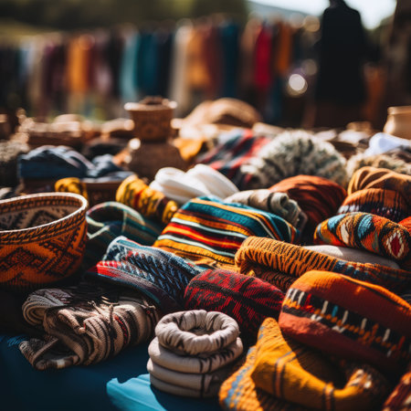 Colorful knitted sweaters for sale at a flea marketの素材