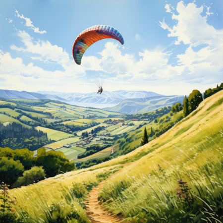 Paraglider flying over the mountains. Colorful illustration.の素材