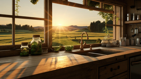 3D rendering of a beautiful kitchen in a country house at sunsetの素材