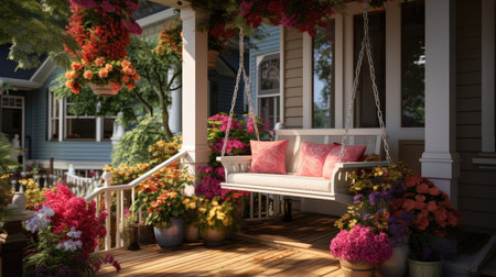 a beautiful porch with flowers and a swing.の素材