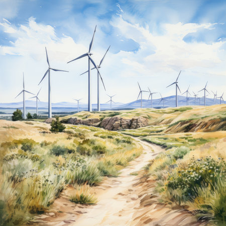 Wind turbines in a wind farm in the countryside. Digital painting.の素材