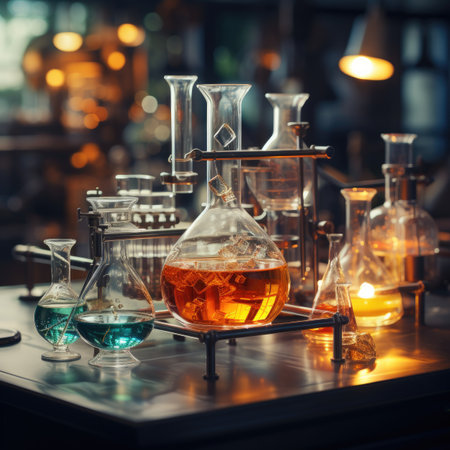 Laboratory glassware containing chemical liquid, science research and development conceptの素材