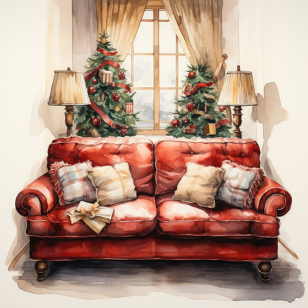 Christmas living room interior with red sofa and christmas tree. Digital paintingの素材
