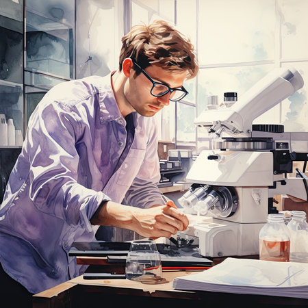 Young male scientist working in laboratory.Science, chemistry, biology, medicine and people concept.の素材