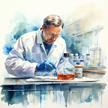 Watercolor illustration of a male scientist working in a laboratory. He is wearing a white coat and blue gloves. He is holding a test tube with a liquid.の素材