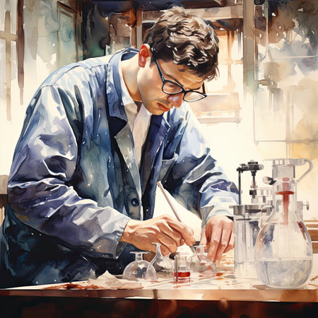 Watercolor illustration of a scientist working in a laboratory. Young man in glasses and a blue shirt.の素材