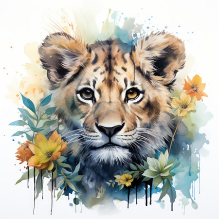 Watercolor portrait of a tiger cub with flowers. Watercolor illustration.の素材