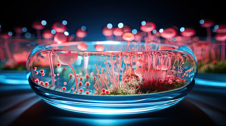 Microscopic view of red fungi growing in glass bowl. 3D renderingの素材