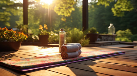Yoga mat with towels and bottle of water on wooden terraceの素材