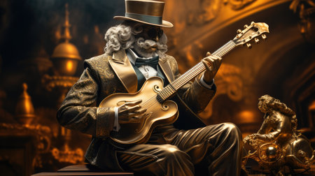 Luxurious old man with a guitar. Portrait of a richly decorated gentleman.の素材