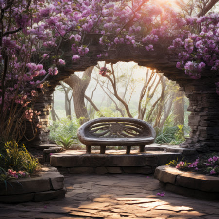 Wooden bench in the garden with blooming tree and sunlight.の素材