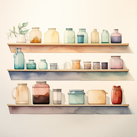 Illustration of a set of different glass jars on a shelf.の素材