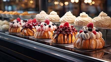 Delicious cakes with berries on display in pastry shop, closeupの素材