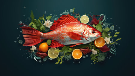 Creative composition with red fish, lemon and flowers on dark backgroundの素材