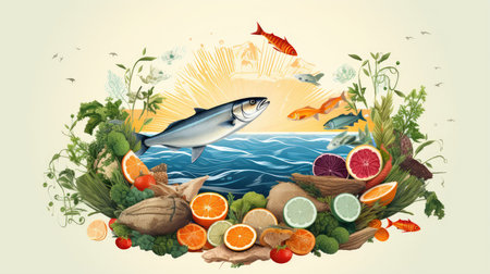 Healthy food concept. Fish, fruits and vegetables on the beachの素材