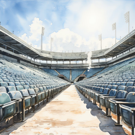 Empty stadium with blue seats and cloudy sky. 3D Renderingの素材