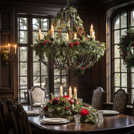 Luxury dining room with Christmas tree and candles in the interiorの素材