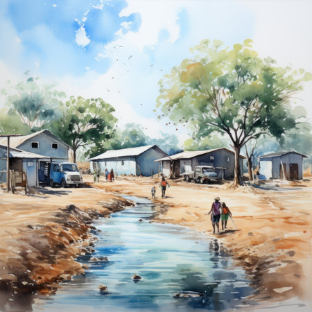 Watercolor painting of rural life in Thailand. Digital art painting.の素材