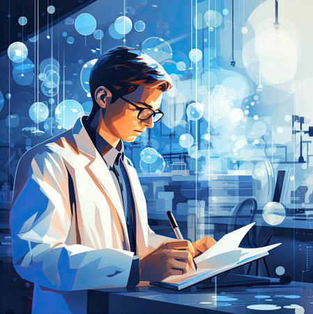 Scientist writing in a notebook in the laboratory. Vector illustration.の素材