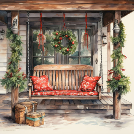 Wooden bench with a Christmas wreath on the porch of the houseの素材