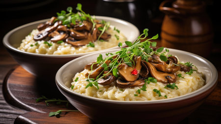 Risotto with mushrooms and fresh herbs on a dark wooden backgroundの素材