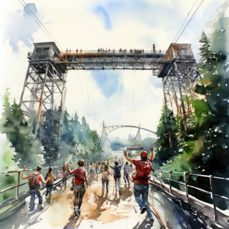Digital watercolor painting of a group of people walking on the bridgeの素材