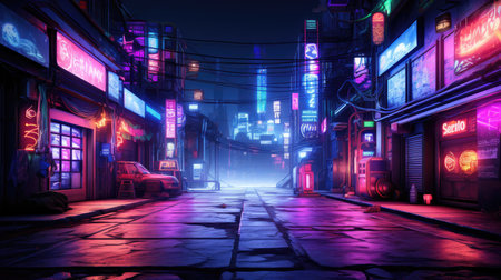 Futuristic night city street with neon lights. 3D renderingの素材