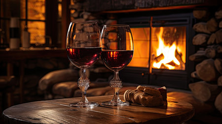 Two glasses of red wine on a wooden table in front of a fireplaceの素材