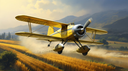 3D illustration of a small airplane flying in the air over the fieldの素材
