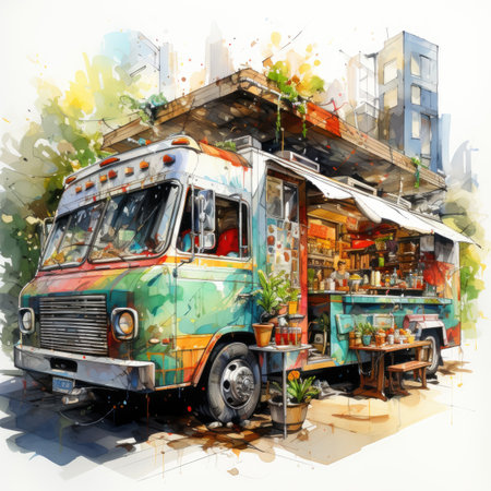 Street food truck in the city on watercolor illustration painting background.の素材