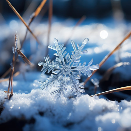 Snowflake on the snow in the winter forest. Shallow depth of fieldの素材