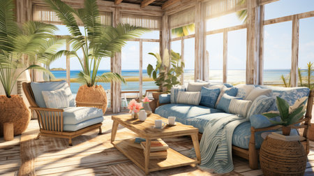 Beach living room with sea view. 3D rendering. Vintage style.の素材