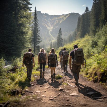 Group of hikers with backpacks walking on trail in the mountains.の素材