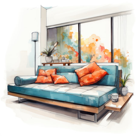 Illustration of a living room with a sofa and a coffee tableの素材