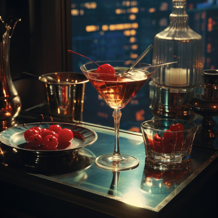 Cocktail with cherry on a bar counter in the night clubの素材