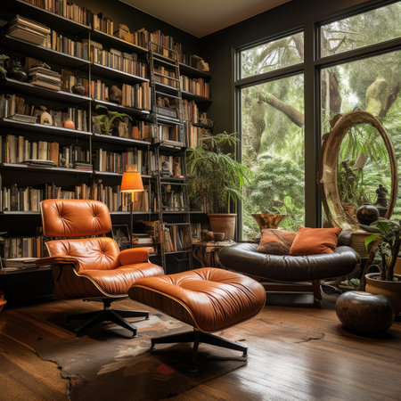 Interior of a living room with leather armchairs and bookshelvesの素材